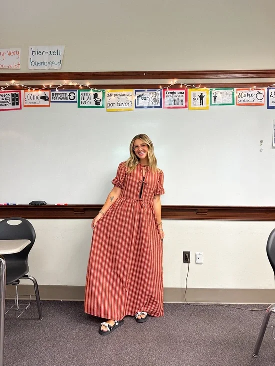 ASOS DESIGN tie front puff sleeve maxi dress in brown stripe - Picture 1 of 5